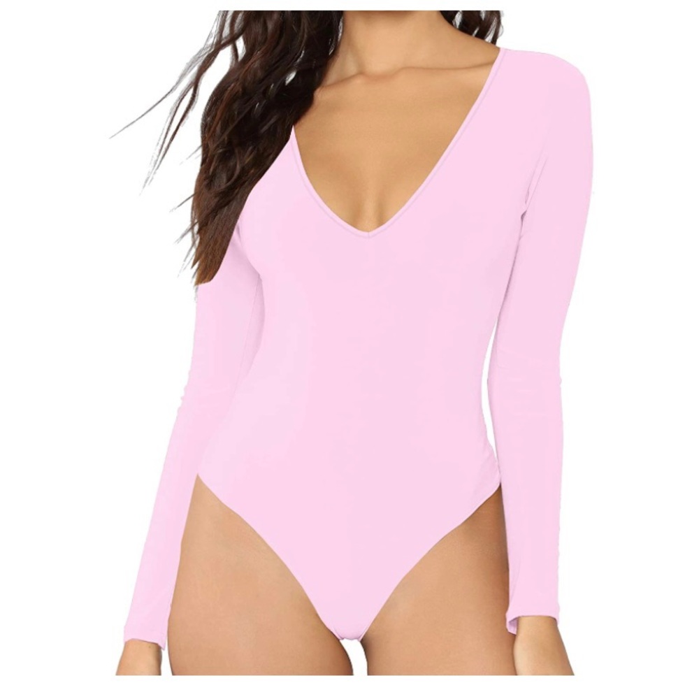 Women's Pink V-Neck Long Sleeve Tops Basic Bodysuit Jumpsuit- XL